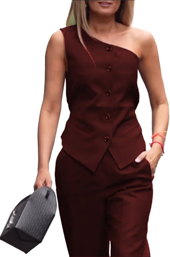 Mi Bo Tong Women’s Vest and Pants Suits One Shoulder Regular Fit Urban Plain Vest Women's Black One Shoulder Waistcoat