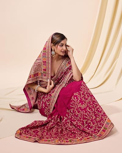 Image of TRENDMALLS Women's Vichitra Silk Heavy Embroidery With Siroski Stone Work Saree with Unstitch Blouse Piece For Women