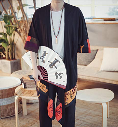 HZCX FASHION Men's Cotton Linen Long Kimono Jackets Open Front Cardigan Cloak(Small Flower,2XL) - Thumbnail 6