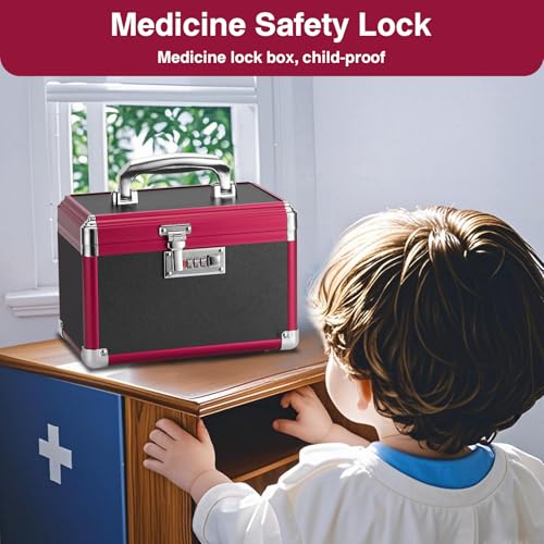 Image of Medicine Lock Box with Combination Lock - 11.2 x 7.6 x 7.6 Inches - First Aid Safe Medication Storage Box, Medications and Personal Items, Safe Boxes for Home and Outdoor - Black Red