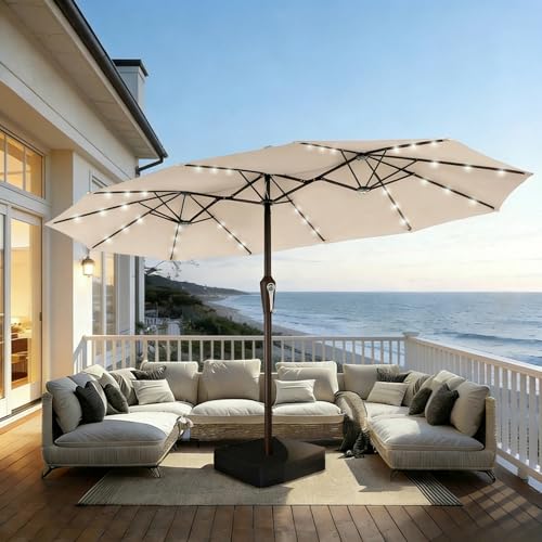 Patio Kingdom 15FT Patio Umbrella with Solar Lights Double-Sided Extra Large Outdoor Table Umbrella with Base Included Heavy-Duty 12 Iron Ribs Market Umbrella for Garden Pool Backyard Beige