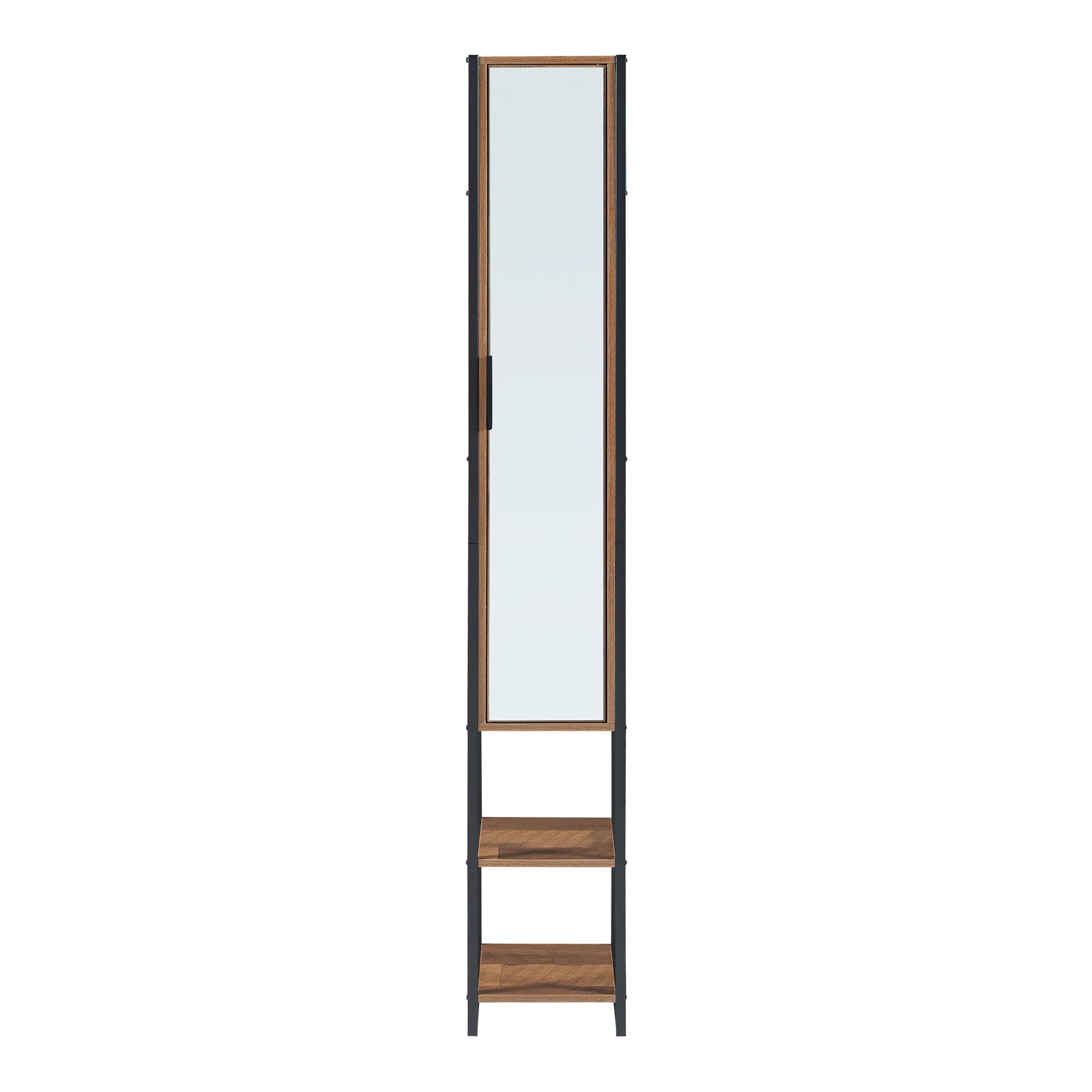 [en.casa] Armario Alto Namsskogan Columna de Baño con 2 Compartimentos Abiertos y 5 Cerrados Mueble Auxiliar Alto Baño Puerta con Espejo Aglomerado Metal 160 x 24 x 30 cm - Efecto Nogal y Negro