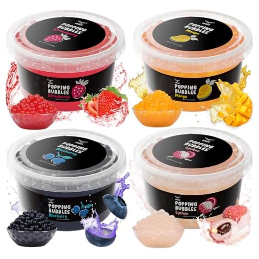 Premium Popping Boba Pearls Boba Popping Pearls with Real Fruit Juice Bursting Boba Popping Tapioca Pearls Boba Tea Kit for Kids Strawberry Lychee Jelly Passion Fruit Blueberry (4 Flavors x 17oz)