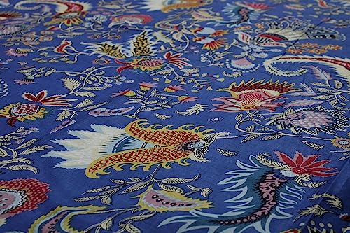 Image of Indian Hand-Block Printed Jaipuri Mukut Floral Print Ethnic Sanganer Kurti Print Cotton Fabric (10 Yards, Royal Blue Mukut)