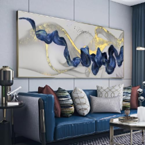 Peinture sur toile ruban bleu design moderne grand tableau abstrait pour mur de séjour