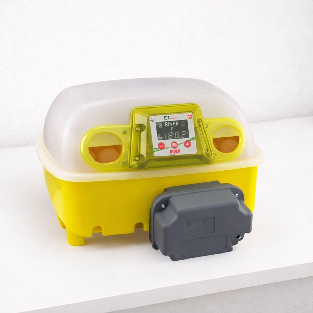 Incubadora digital ET12 SUPER con unidad giradora de huevos OVOMATIC y aditivo antibacteriano Biomaster - RIVER Systems - Capacidad 12 huevos medianos o 48 pequeños