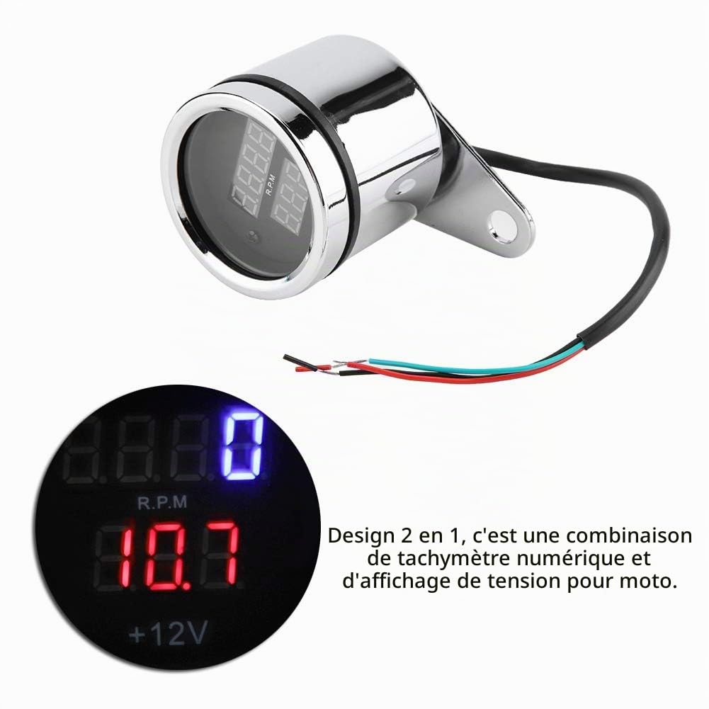 Fydun Compte Instrument Métal LED 2 en 1 Moto LED Numérique Voltmètre Tachymètre Jauge Métal Compteur Kilométrique Compteur de Vitesse