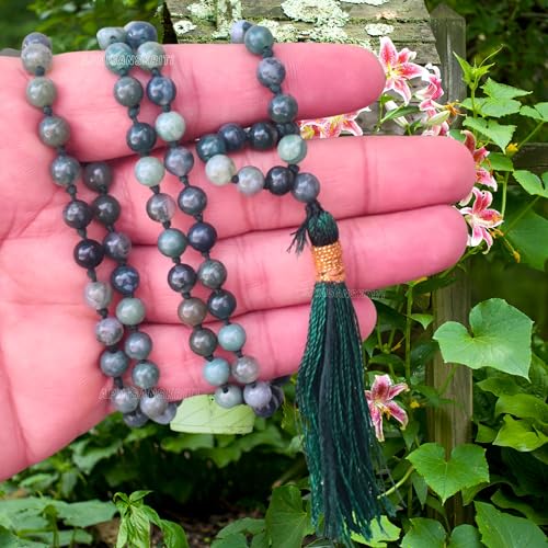 Image of Apnisanskriti Premium Moss Agate Stone Mala for Men and Women (6mm, AAA Quality, Lab Certified, 108+1) - Natural Stone Beads Mala - Green & White Bandings Colour - Pack of 1
