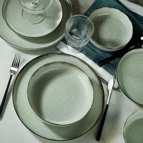 Élégant ensemble de dîner, 18 pièces, 100% porcelaine, vert, avec assiettes de service (27 cm), assiettes à dîner (20 cm), assiettes à dessert (19 cm),...