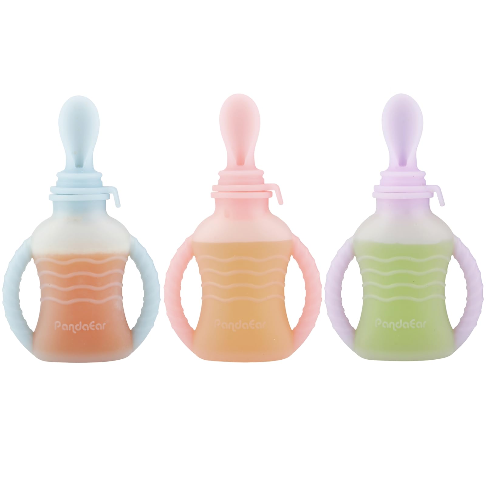 PandaEar Lot de 3 Gourdes Réutilisables en Silicone pour Nourriture Bébé avec 3 Cuillères Doseuses & Entonnoir | Pochette de Conservation Alimentaire 120 ml avec Poignée | Gourdes Squeeze sans BPA pou