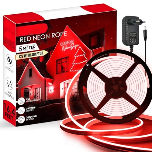 RAYVIX 16.4 Feet Neon LED Strip Light with 12V Adapter | Cuttable & Flexible Waterproof Neon Rope Light for Wall Decor, Indoor & Outdoor | DIY, Festival, Party | 5 Meter | (RED)