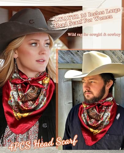 AWAYTR 35" Large Silk Hair Scarf for Women - 4Pcs Satin Head Scarf Square Hair Bandanas Floral Wild Rag Sleeping Head Wraps2