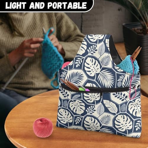 Image of ZUXONGSY Monstera Leaf Yarn Bags for Knitting Tropical Leave Yarn Tote Bag for Women Floral Portable Knitting Project HanbBag for Crochet Hooks