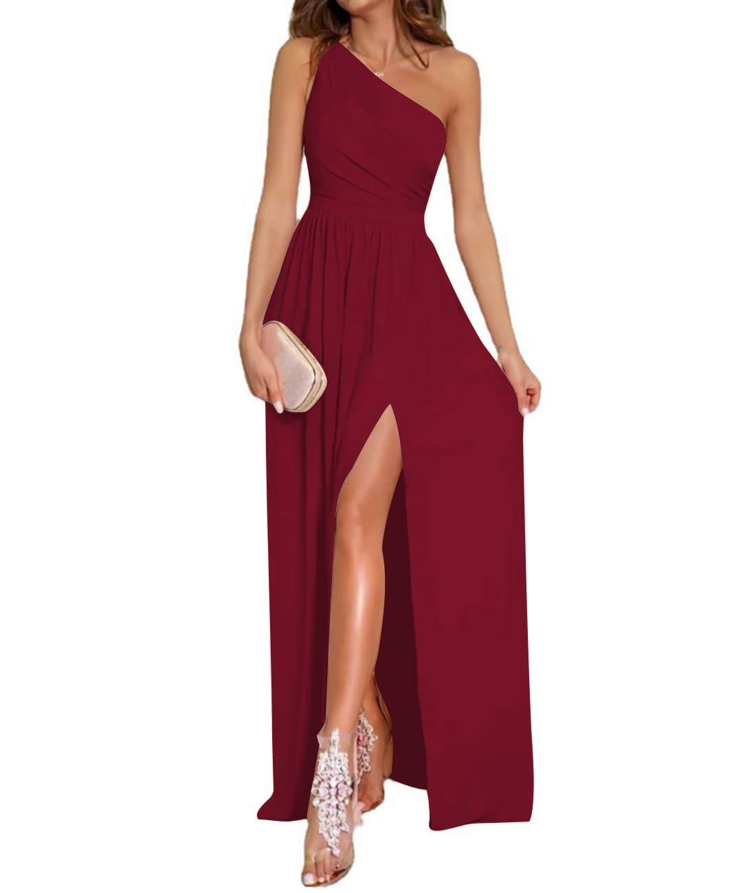 Women's One Shoulder High Split Sleeveless Ruched Sexy Cocktail Maxi Long Dress