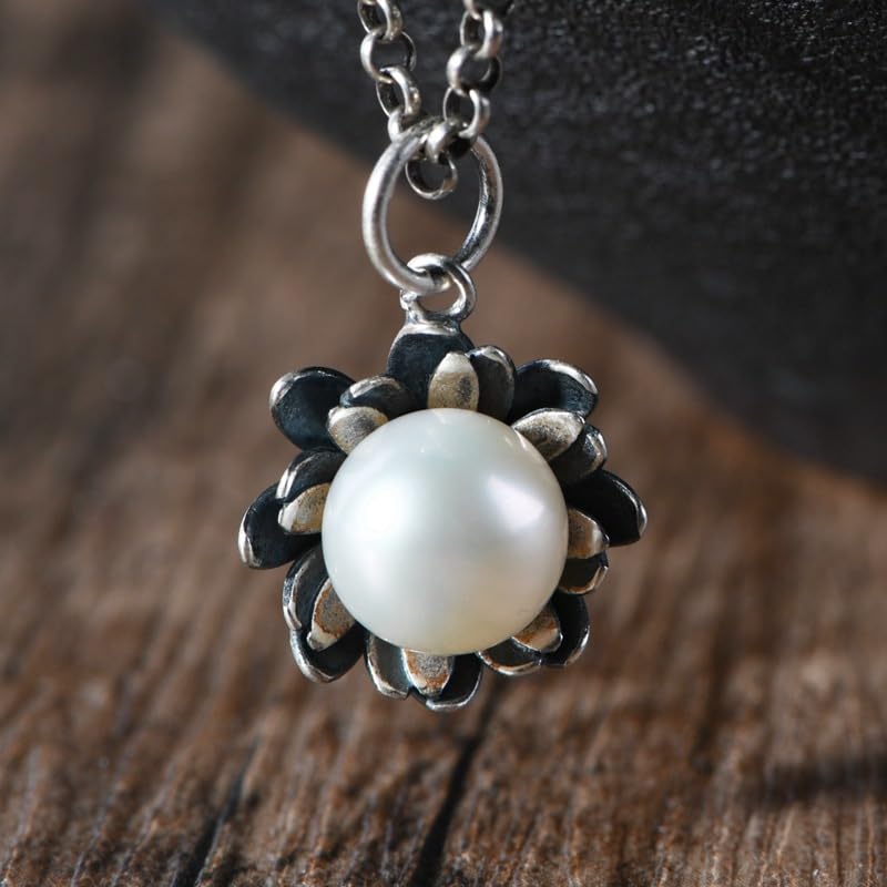 Collier pendentif argent 925 femmes chaîne pull vintage perles eau douce tendance