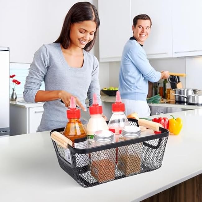 Dualshine 6Pack Black Wire Basket with Wooden Handle, Metal Mesh Storage Bins for Pantry, Kitchen, Bathroom, Office Organization