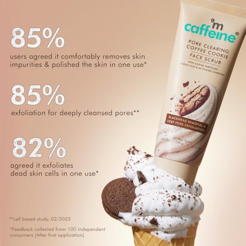 Image of mCaffeine Pore Clearing Coffee & Cookie Face Scrub | Remove Blackheads, Detan & Exfoliate Dead Skin | 4.5% Exfoliants - Walnuts, Coffee, Charcoal, Clay | Glowing Skin Face Scrub for Women & Men - 100g