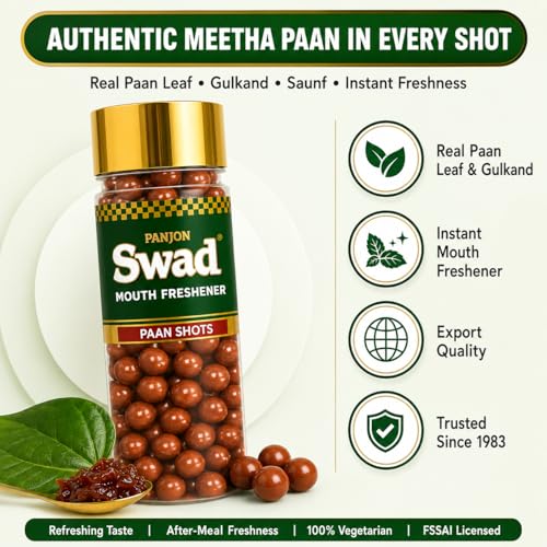 Image of Swad Paan Shots Candy for Instant Mouth Refreshment | Premium Pan Toffee Balls & Traditional Indian Mukhwas | Made with Real Betel Leaf & Gulkand | 100% Natural, Preservative-Free | 150g Bottle