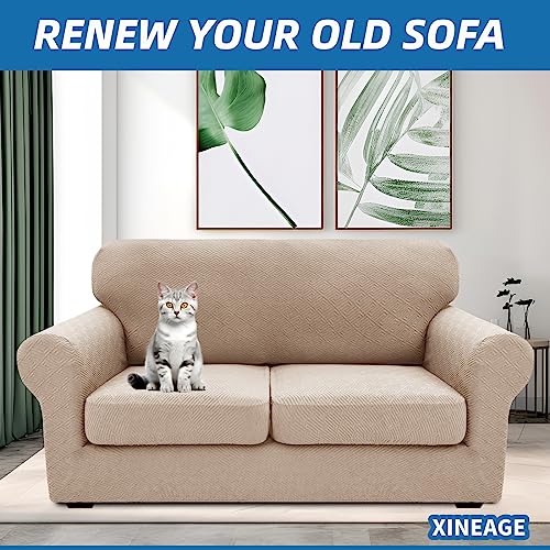 XINEAGE 2025 New 3 Pieces Couch Covers for 2 Cushion Sofa Super Stretch Loveseat Slipcover Pet Dog Universal Slip Cover Anti Slip Love Seat Furniture Protector (Khaki, 55"-69")
