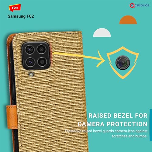 Image of Accesorios Flip Cover for Samsung F62 | Denim & Leather | Luxury Wallet Folio | Two-Tone Design | Shockproof Wallet Style Flip Case for Samsung Galaxy F62 (Light Brown)