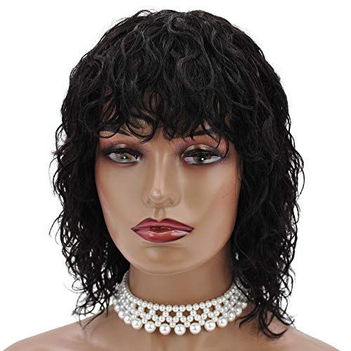 YENAS Natural Short Curly Human Hair Wigs with Bangs for Women-Brazilian Glueless None Lace Frontal Virgin Human Hair Soft Bob Wigs Bouncy Hair Color Black 1B(12.5 Inch,95G)