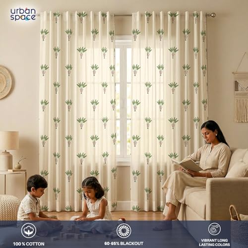 Image of Urban Space 100% Cotton Window Curtains 5 Feet (Set of 2) | 60-65% Room Darkening Window Curtains | Hanging Styles - Rod Pocket, Back Loop & Track Channel | Tieback Included (Palm Lagoon Green RD)