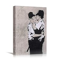 SIGNWIN Framed Canvas Wall Art Banksy Kissing Coppers Print Graffiti & Street Art Famous People Pop Art Modern Urban Multicolor for Living Room, Bedroom, Office - 12x18 inches