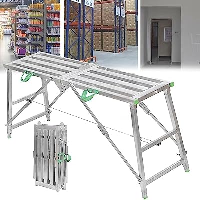 YOtat Folding Scaffolding Equipment, Portable Multipurpose Work Platform Scaffold Tower Ladder Stool Work Bench, Galvanized Steel Adjustable Height Scaffolding Equipment Tool,160Cm
