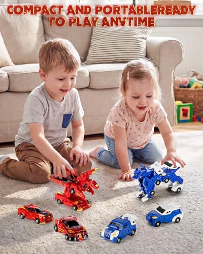 Image of Yivsen Collision Transforming Dinosaur Car Toy, 2 in 1 Magnetic Cars Transform into Dinosaur Toys, Car Crash Dino Robot Toy for Kids, Ideal Birthday Party Gift Toys for Kids Boys Girls, Red Blue