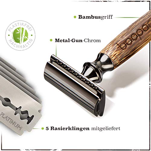 boopan® Premium RASIERHOBEL mit Griff aus Bambus nachhaltig inkl. 5 Rasierklingen - ZERO WASTE Rasierer Set für Damen & Herren - geschlossener Kamm - plastikfrei inkl. eBook - Image 3