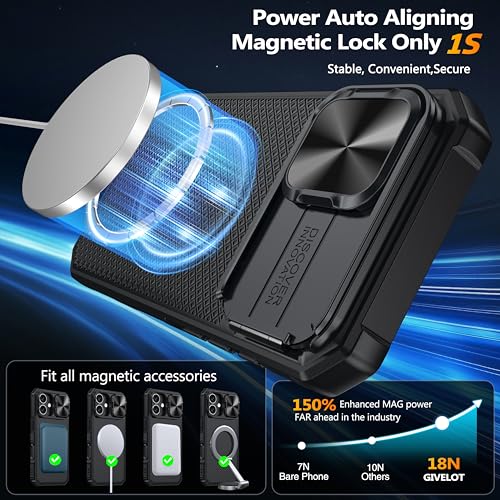 Image of Magnetic for iPhone 17 Case [Slide Camera Cover] [Compatible with Magsafe] [Kickstand] [Military Grade Protection] Shockproof Rugged Case for iPhone 17,Black