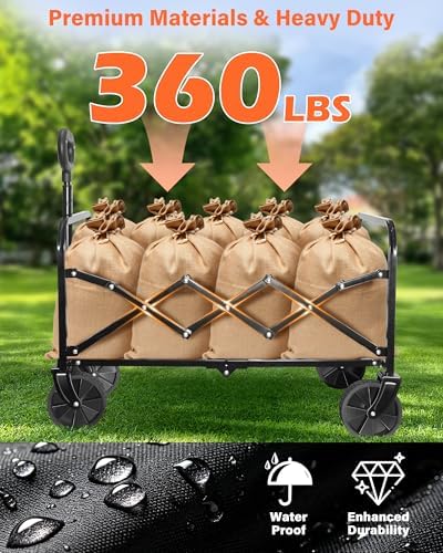Image of Collapsible Wagon, Wagons Carts Foldable, Foldable Wagon Cart with Wheels, Folding Wagons for Beach Camp Sports Garden, 2 Cup Holders /Lightweight Portable /Black /360 LBS