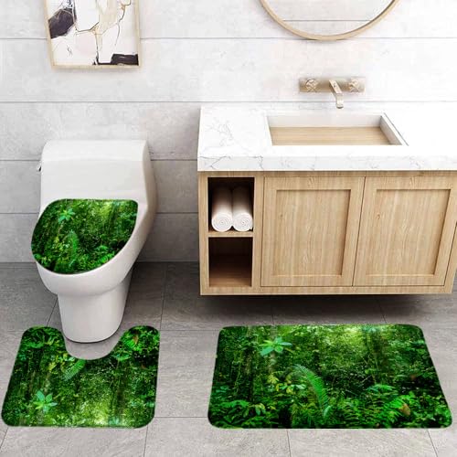 Tropical Rainforest 3 Pcs Bath Rugs Set,Green Palm Leaves Jungle Plnat Nature Landscape Lush Tree Forest Botanical Bathroom Kitchen Rug with 16