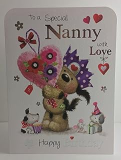 Nanny Birthday Card - (JJ-FF615) - Fudge holding Heart - Fudge & Friends Range - Foil and Flitter Finish