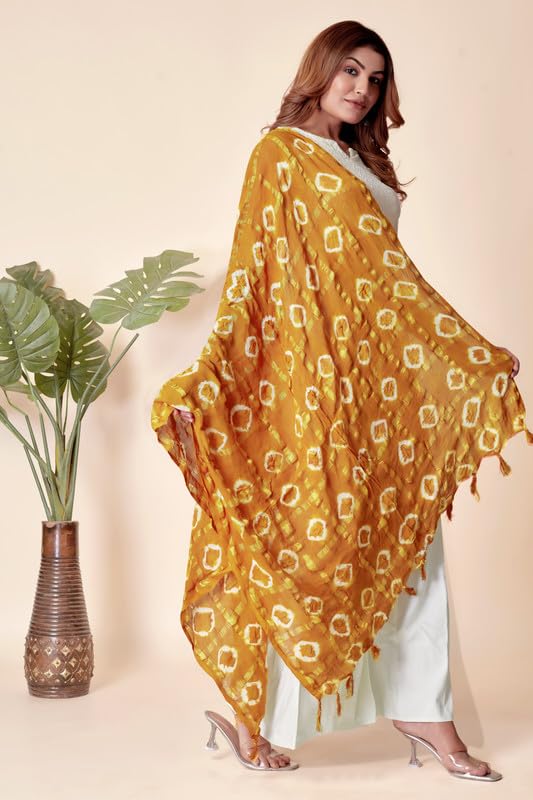 Image of Women Bandhani Dupatta | Traditional Chunri Print with Decorative Border | Lightweight Ethnic Stole for Festive and Wedding Wear