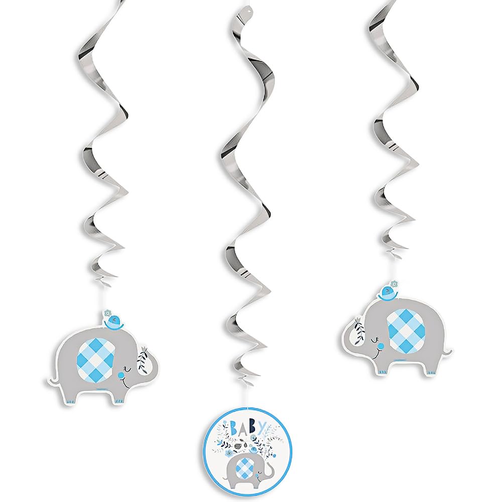 Charming Blue Floral Elephant Hanging Swirl Decorations (66cm) - Perfect for Baby Shower, Nursery, or Celebrations - 3ct