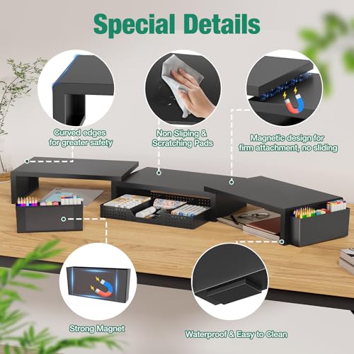 Image of OPNICE Dual Monitor Stand Riser with Drawer and 2 Pen Holders, Desk Organizer for Office Supplies, Computer Monitor Stand for Desk, Workspace Desk Accessories for Home Office, Black