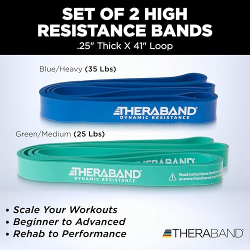 Image of THERABAND High Resistance Band Set of 2, Medium and Heavy Elastic Super Bands for Full Body Workouts, Physical Therapy, Strength Training, Durable 41 inch Loop Exercise Bands, 25-35 lbs Resistance