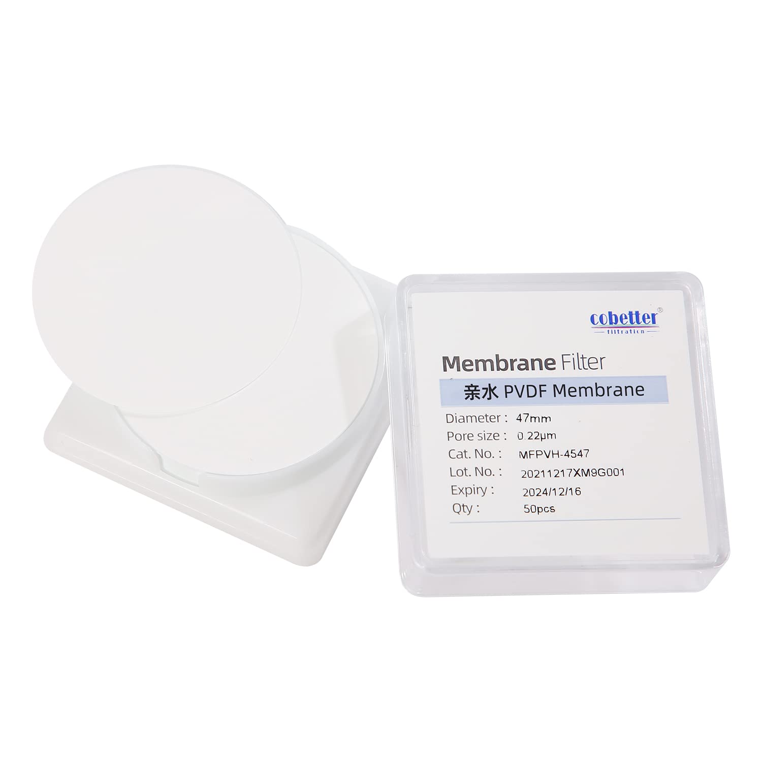 COBETTER 100 Pieces/Pack PVDF Disc Membrane Filters Hydrophilic 47mm Diameter 0.45µm Pore Size
