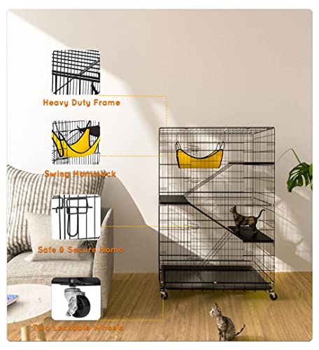 Collapsible Cat Cage, 48 Inch Height 4-Tier Metal Cat Kennel Ferret Enclosure Chinchilla Cage With 360° Rotating Casters/Ramp/Ladders/Hammock For Indoor Kitten #TOP5