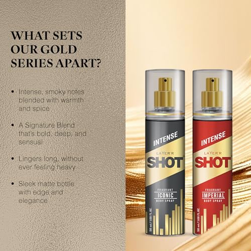 Image of Layer'r Shot Gold Imperial & Gold Iconic Body Spray Combo for Men, Pack of 4 (4x50ml) | Long-Lasting Fresh Ozonic Citrus & Spicy Woody Fragrance | Travel Size Deodorant | IFRA Certified