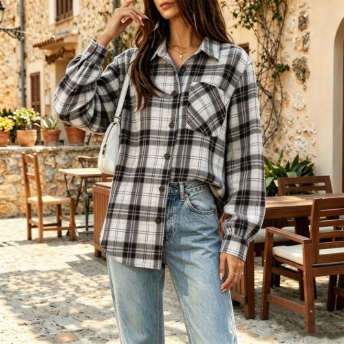 Womens Button Down Blouse Long Sleeve Plaid Stand Collared Tunic Blouses - image 8