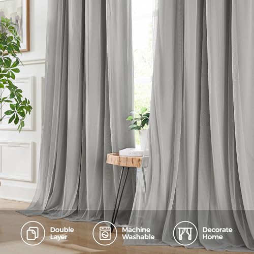 Image of 100% Blackout Curtains for Bedroom, Double Layer Grey Curtains, Black Out Curtain 90 inch Long with Sheer Overlay for Living Room, Room Darkening Window Drapes with Grommet, 52 inch W x 90 inch L