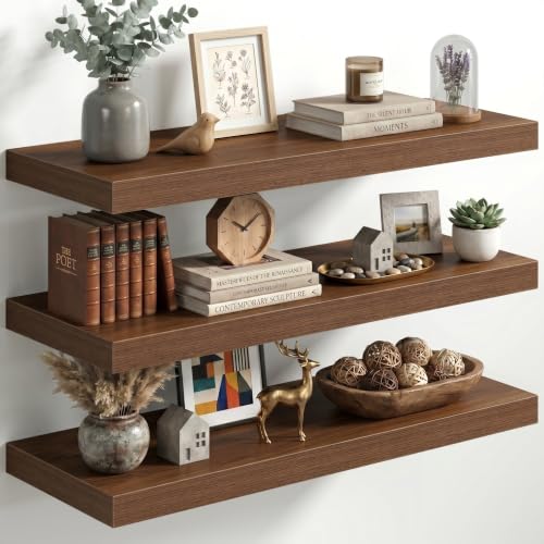 Image of Fun Memories 32 Inch Floating Shelves for Wall, 12 inch Deep Large Wall Mounted Wood Shelves with Invisible Bracket, Rustic Walnut Floating Shelf for Bathroom Over Toilet Kitchen Living Room, Set of 3