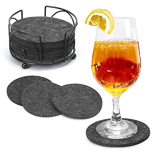 Sagittar Filz Untersetzer für Gläser 10er Set inkl Halter in Dunkelgrau, rutschfeste hitzebeständige runde Filzuntersetzer für Getränke und Tassen, Haus und Küche Cover