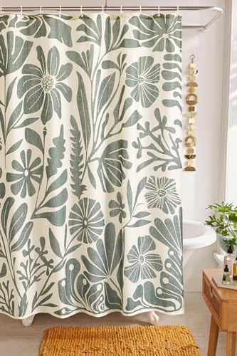 RoomTalks Vintage Floral Faux Linen Shower Curtain for Bathroom in Beige and Greenish - 210GSM Heavy...