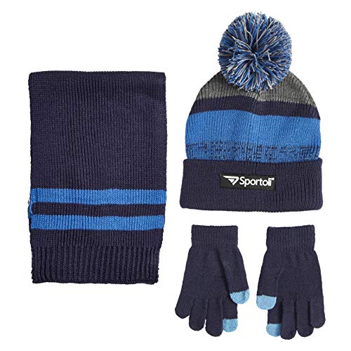 Sportoli Men’s Boys’ Kids 3-Piece Striped Knit Cold Weather Set Hat Scarf Gloves - Navy/Blue/Grey (Size Adult)