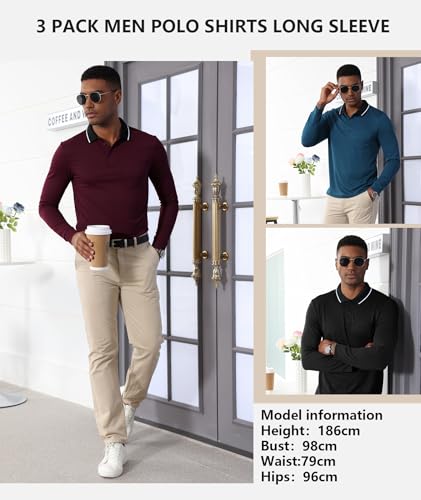 ZITY 3 Pack Men Polo Shirts Long Sleeve with Pocket Golf Shirts Shirts for Men Casual Work Athletic Collared T-Shirts2