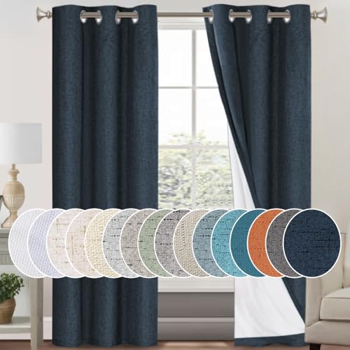 Image of PrinceDeco Navy Blackout Curtains 84 Inches Long, 100% Light Blocking Thermal Insulated Room Darkening Curtains, Energy Saving Window Treatment Curtain Drapes, Burlap Fabric with White Liner,2 Panels