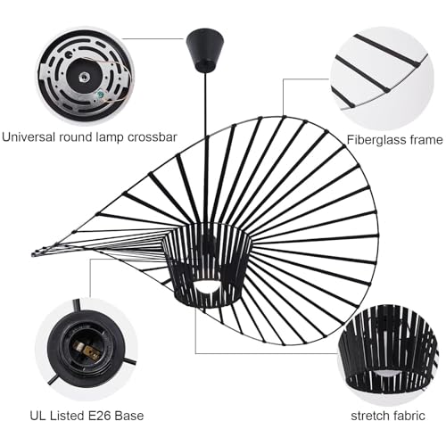 Image of Modern Black Woven Chandelier, 62.99 inch Farmhouse Coastal Hat Pendant Light Fixtures Matte Black Handwoven Shade Boho Pendant Hanging Lamp for Kitchen Dining Room Bedroom Foyer Hallway